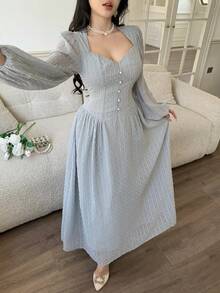 Nuevo vestido elegante con textura vintage de lunares que realza la cintura, adecuado para uso diario, fiestas y vacaciones - Verde Gris - Ver 5