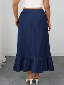 SHEIN Elenzya Váy denim viền bèo nhún màu xanh navy thanh lịch cỡ lớn dành cho nữ - Rửa tối - Xem 2