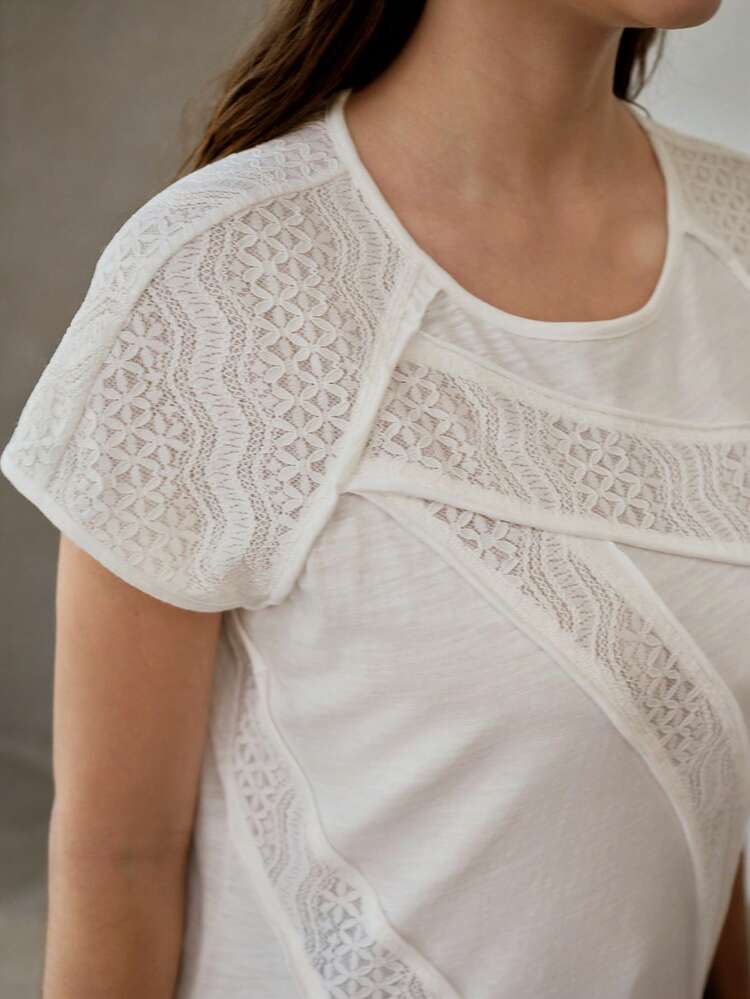 PLUS SIZE WOMEN'S CONTRAST LACE SHORT SLEEVE T-SHIRT, SPRING/SUMMER