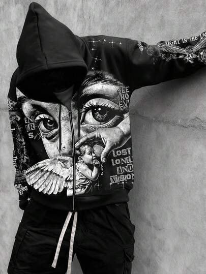 Street Life Sudadera con capucha con estampado de eslogan de ángel callejero para hombres