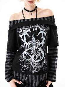 Bloopia Women's Knitted Long Sleeve Striped Patchwork Off Shoulder Sweatshirt, Fashionable And Versatile - Black - View 4