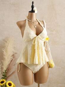 Bellisia Women's Relaxed Vacation Polka Dot Textured Fabric Camisole Yellow Bikini Tankini Elegant Dress Women Beach Outfit Women's Beach Bikinis Summer 2026 Women's Summer Vacation, Graduation Season, Wedding Season, Back-To-School Season, Easter Season Party & Lunch Cute Casual Summer Camisole - Sweet, Romantic, Countryside Style Knit Texture, Ruffle Detail, Elastic Waist, Relaxed Hemline, High Low Design, Yellow Spaghetti Strap Tankini New Year's Wear Party A Numbered Women's Off-The-Neck And Backless Casual Vacation Topboho Easter Beach Outfits Hawaii Music Festival Tropical Vacation Yellow Bathing Suit Set Vintage Swimsuit Lemon Bathing Suit Lace Swimsuit Seashell Bathing Suit