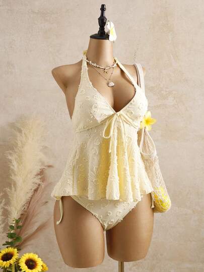 Bellisia Women's Relaxed Vacation Polka Dot Textured Fabric Camisole Yellow Bikini Tankini Elegant Dress Women Beach Outfit Women's Beach Bikinis Summer 2026 Women's Summer Vacation, Graduation Season, Wedding Season, Back-To-School Season, Easter Season Party & Lunch Cute Casual Summer Camisole - Sweet, Romantic, Countryside Style Knit Texture, Ruffle Detail