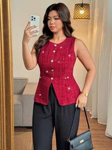 Vionelle 大码优雅通勤情人节串珠上衣红色纽扣连衣裙水钻红色粗花呢连衣裙闪亮粗花呢上衣粗花呢上衣粗花呢两件套 - 紅色 - 查看 8