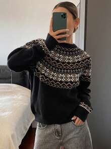 DAZY Áo len dệt kim Jacquard cổ tròn, dáng rộng mềm mại, phong cách retro thoải mái - màu đen - Xem 3