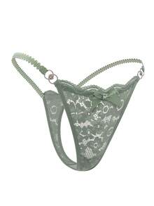 Floral Lace Bow Front G-String, Sexy Lingerie Bow Tie - Army Green - View 3