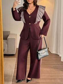 Vionelle 大码女式纯色V领开襟衬衫，金属扣装饰，收腰A字荷叶边长袖衬衫+松紧腰带口袋侧边撞色滚边宽松直筒裤套装，优雅通勤法式复古街头简约百搭套装，适合秋冬季、万圣节、圣诞节、感恩节、下午茶、派对、正式场合、家庭聚会等场合。两件套女式优雅办公套装，女士西装套装，女士西装外套套装。 - 紫紅色 - 查看 7