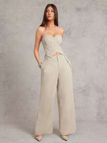 L'Amorae Solid Zip Fly Slant Pocket Wide Leg Pants - Apricot - View 3