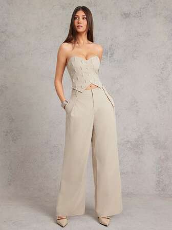 L'Amorae Solid Zip Fly Slant Pocket Wide Leg Pants