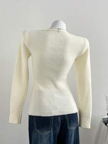 SHEIN Unity Women's Solid Color Long Sleeve V-Neck Cardigan, Versatile & Elegant, Autumn/Winter - Apricot - View 2