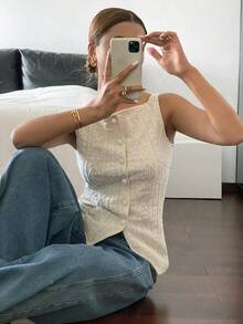 SHEIN PETITE CURVE 大码女式夏季几何纹理单排扣上衣，商务休闲奶油色上衣，优雅情人节、夏季、狂欢节女装、派对、海滩装扮 - 杏色 - 查看 4