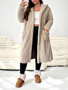 SHEIN EZwear Plus Size Women Plus Size Hooded Long Sleeve Drawstring Jacket Winter Fall Autumn - Apricot - View 7