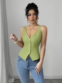 Elenzga Women's Solid Color Single-Breasted Casual Versatile Thick Strap Tank Top - Green - View 4