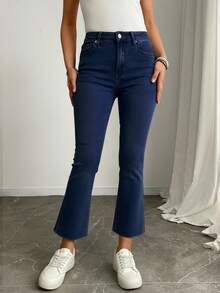Elenzga Quần jeans ống loe đa năng thường ngày có túi dành cho nữ - Rửa tối - Xem 4