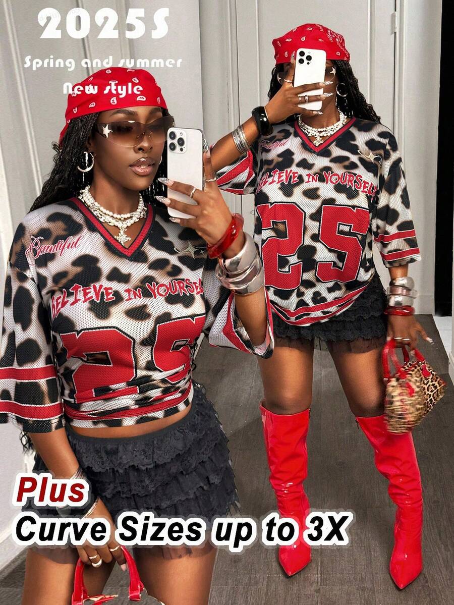 Slaydiva 夏季新音乐节复活节西部游牧风格生日派对毕业学生日常休闲度假邮轮海滩日光浴爆款极简休闲街头风女式V领印花T恤（字母、数字、豹纹、网眼） - 棕色 - 查看 1