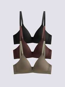 Loungeista 3件套V型女士舒适无钢圈软杯纯色文胸，内衣文胸 - 軍綠色 - 查看 1