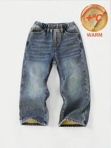 SHEIN Young Boys Loose Fit Blue Denim Thermal Lined Pants, Autumn/Winter - Dark Wash - View 1