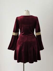Sunspun Fashionable Square Neck Elastic Velvet Waist Dress - Burgundy - View 2
