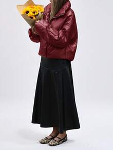 EMERY ROSE 年轻通勤风宽松PU皮革质感宽翻领加厚羽绒服，罗纹袖口，保暖防寒，仿皮飞行员夹克，填充物为聚酯纤维，合成保暖材料，冬季外套，带羊羔绒内衬。 - 紅色 - 查看 5