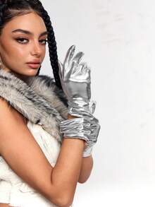 ROMWE Grunge Punk 1pair Women Solid Full Finger Gloves - Silver - View 2