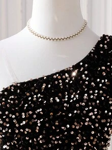 Sparklyn Váy xếp ly lưới sequin lấp lánh một bên vai dành cho thiếu niên, Váy 3 lớp cho trẻ em - màu đen - Xem 5