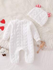 女婴加厚白色心形图案长袖连体衣（带帽子）冬季家居服套装 - 紅白色 - 查看 2