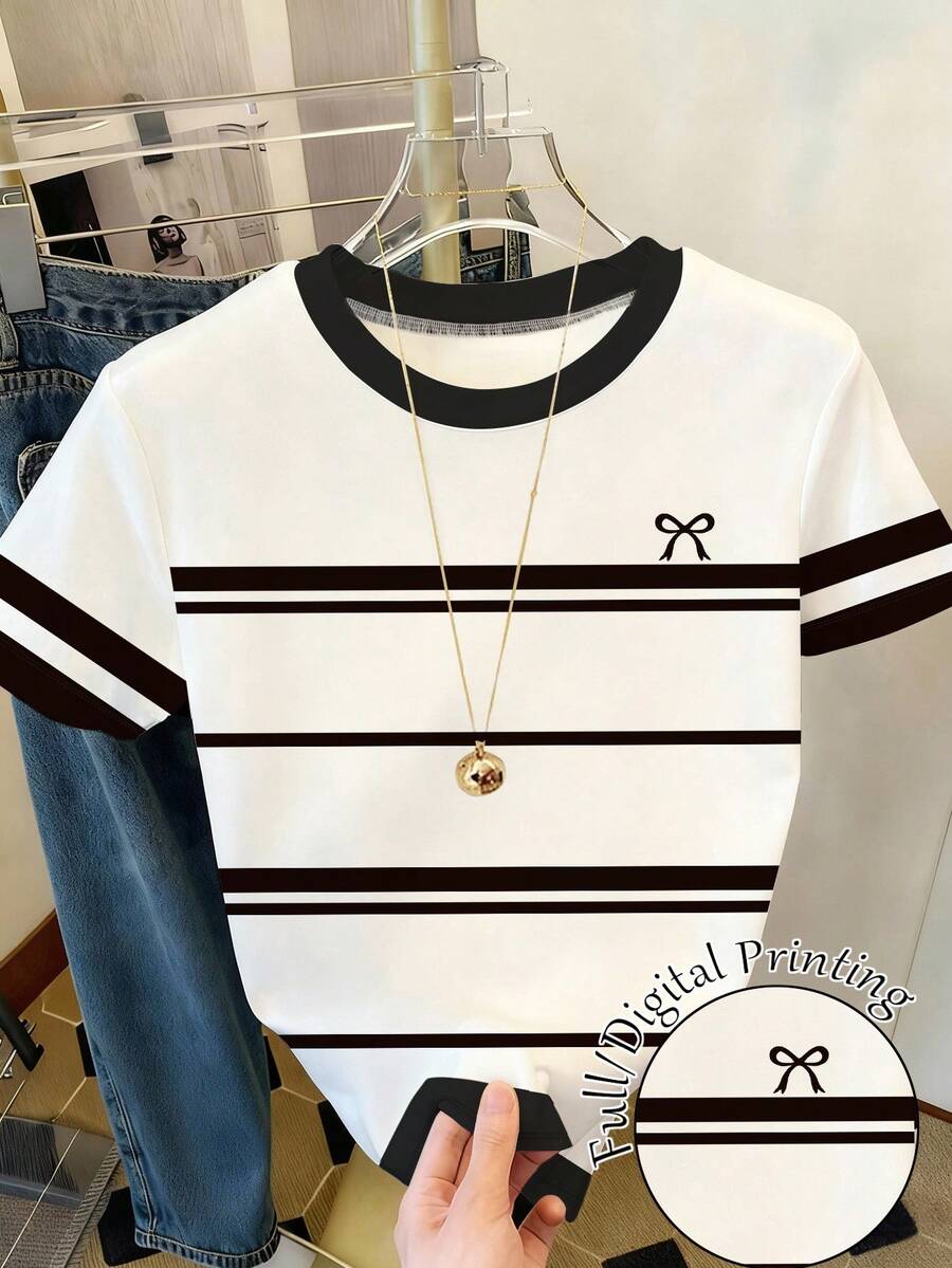 SHEIN 女士休闲蝴蝶结条纹印花圆领短袖T恤 - 彩色 - 查看 1