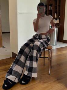 CovetEZ 女士系腰蓬松格子印花休闲阔腿宽松裤