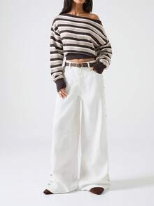 LYSMO 2025 New Minimalist Winter For Women's Casual Striped Asymmetric Shoulder Cropped Long Sleeve Sweater , Christmas Jumper New Year Thanksgiving For Women Graduation Season Stylish Collection Y2K, Sweaters For Women - Multicolor - View 3