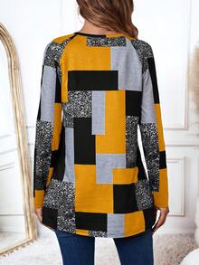 EMERY ROSE Women's Geometric Plaid Pattern T-Shirt,Graphic Tees Patch Work Top - Yellow - View 2