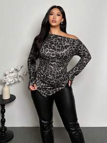 Firerie Plus Size Leopard Print Ruffle Trim Asymmetric Neck Long Sleeve T-Shirts Leopard Print Plus Size Tops Plus Size - Dark Grey - View 4