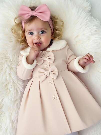 SHEIN Baby Girls' Faux Fur Collar Bow Decor Trench Coat, Khaki, Autumn/Winter