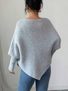SHEIN Elenzya Áo len chui đầu họa tiết hoa jacquard rộng rãi, viền bất đối xứng dành cho nữ, Thu/Đông - Xám - Xem 2