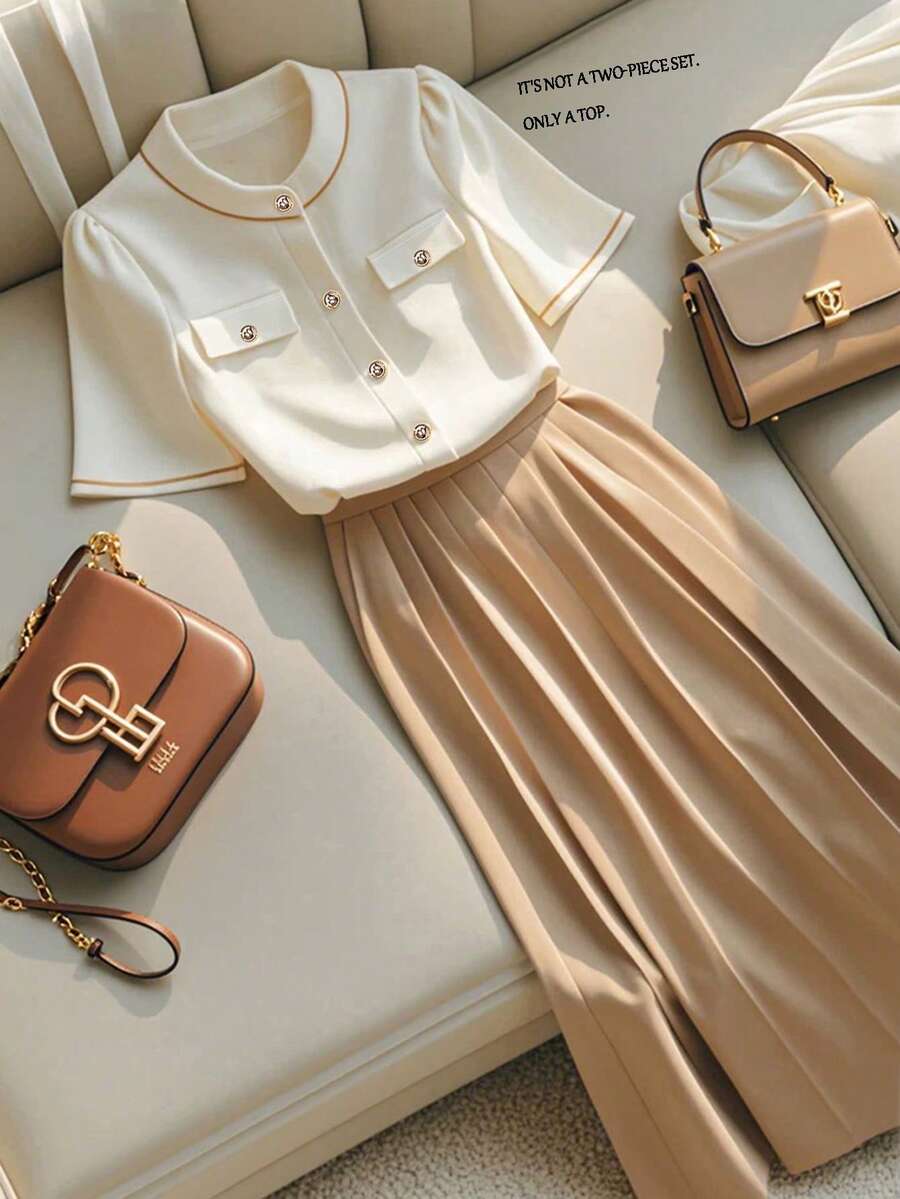 GlowEve Women's Elegant Work/Commute Button-Up Short Sleeve Shirt, Summer - White - View 1