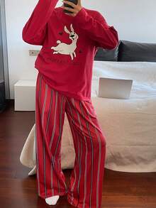 DAZY Cartoon Print Top And Striped Pajama Pants Women Sleepwear Set - Red - View 6