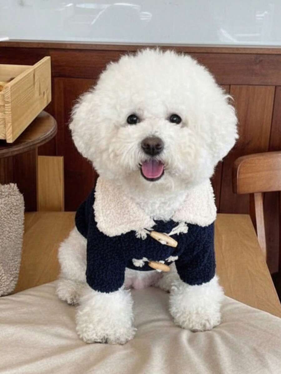 PETSIN 1件宠物秋冬加厚保暖猫狗搭扣抓绒外套，海军蓝，泰迪熊约克夏熊小型幼犬服装 - 藏蓝色 - 查看 1