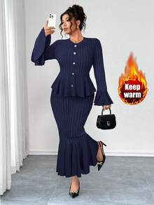 Elenzga 大码女装两件套，高弹针织宽条纹纹理面料，收腰设计，喇叭袖，鱼尾裙摆，优雅适合外出、下午茶、通勤等场合，时尚舒适，大码，深灰色，秋冬长袖连衣裙两件套 - 藏蓝色 - 查看 1