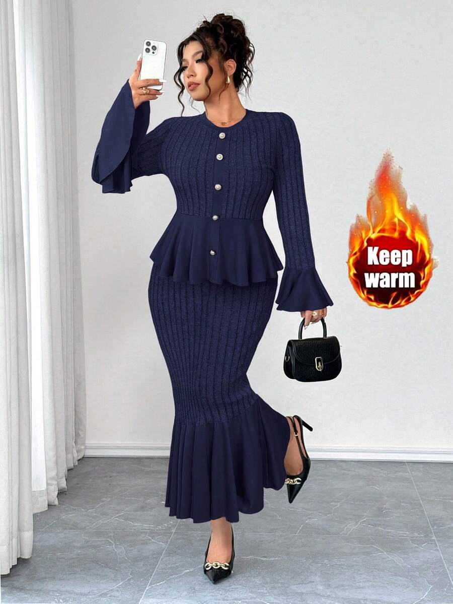 Elenzga 大码女装两件套，高弹针织宽条纹纹理面料，收腰设计，喇叭袖，鱼尾裙摆，优雅适合外出、下午茶、通勤等场合，时尚舒适，大码，深灰色，秋冬长袖连衣裙两件套 - 藏蓝色 - 查看 1