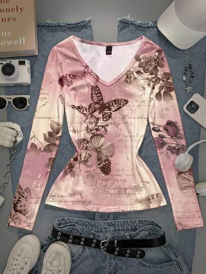  Attitoon Gothic Rose, Heart, And Butterfly Pattern V-Neck Long-Sleeved T-Shirts Are Suitable For Women, Y2K Style, Streetwear, Retro, Back-To-School, Fall, Vacation, Casual Wear, Autumn/Winter, Hip-Hop, Style Core Aesthetics, Gothic, Cyber Gothic, And Other Styles.,Fall,Fall Clothes For Women,Women's Winter Clothes