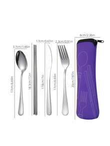 4 件套不锈钢餐具套装筷子刀叉勺（蓝色/紫色/粉色/绿色）和 3 件套银质餐具旅行餐饮必需品 - 彩色 - 查看 4