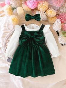 SHEIN Bộ ba món váy nhung xanh đơn giản thời trang cho bé gái, áo dài tay, cài nút, xếp nếp màu trắng, băng đô nơ, thích hợp mặc vào mùa xuân, mùa thu, mùa đông, mặc hàng ngày, ngoài trời, tiệc tùng, làm quà tặng - màu xanh lá - Xem 8