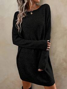 EMERY ROSE Women's Solid Color Boat Neck Long Sleeve Casual Vacation Knit Dress - Black - View 5