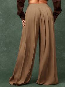 High Waist Pleated Detail Wide Leg Elegant Pants - Brown - View 5