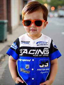 Young Boys' Casual Sports Street Letter Contrast Stripe English Print Open Front Short Sleeve Shirt, Suitable For Commuting, School, Daily Casual, Vacation, Sports, Festivals And Gatherings, Spring/Summer/Autumn/Winter - Blue - View 2