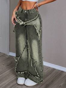 Jeanoix 休闲毛边阔腿直筒女式牛仔裤 - 灰色 - 查看 5