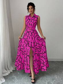 Elenzga New V-Neck Graphic Print Button Sleeveless Tie Waist Slim Fit Dress For Women - Hot Pink - View 3