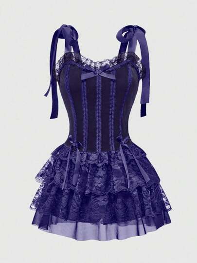 Gothic Retro Palace Style Contrast Color Lace Trim Cross Pendant Women Velvet Halter Tie Dress
