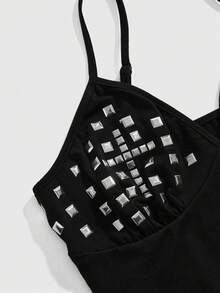 ROMWE Grunge Punk 性感暗黑朋克铆钉拼接女式吊带背心 - 黑色 - 查看 3