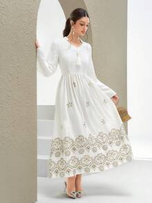 Al Najma New Elegant Embroidered Lantern Sleeve Dress, Suitable For Vacation, Daily Wear, And Gatherings - Apricot - View 5