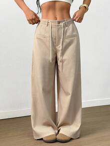 SHEIN Elenzya Women's Solid Color Crepe Drawstring Faux Pocket Casual Pants, Spring/Autumn - Apricot - View 1